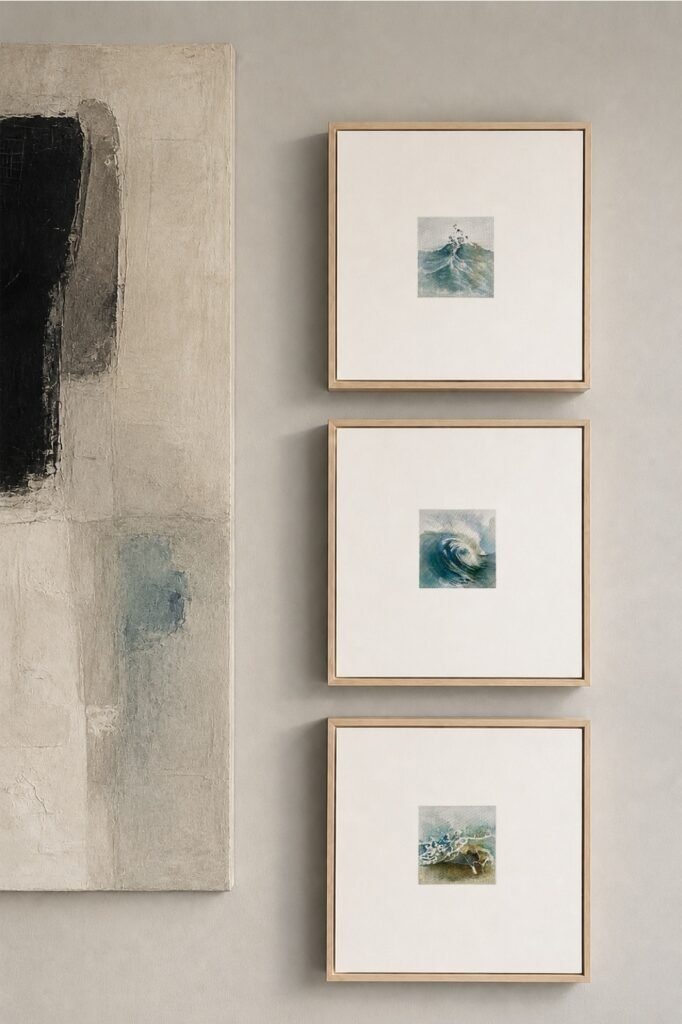 Tres obras de la serie Cubitos de Mediterráneo, enmarcadas y colgadas en una pared