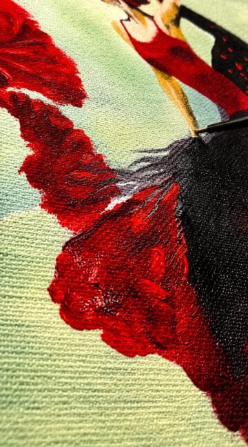 Flamenca clavel. Óleo, A3 · 29,7 × 42 cm. Norelys Correa