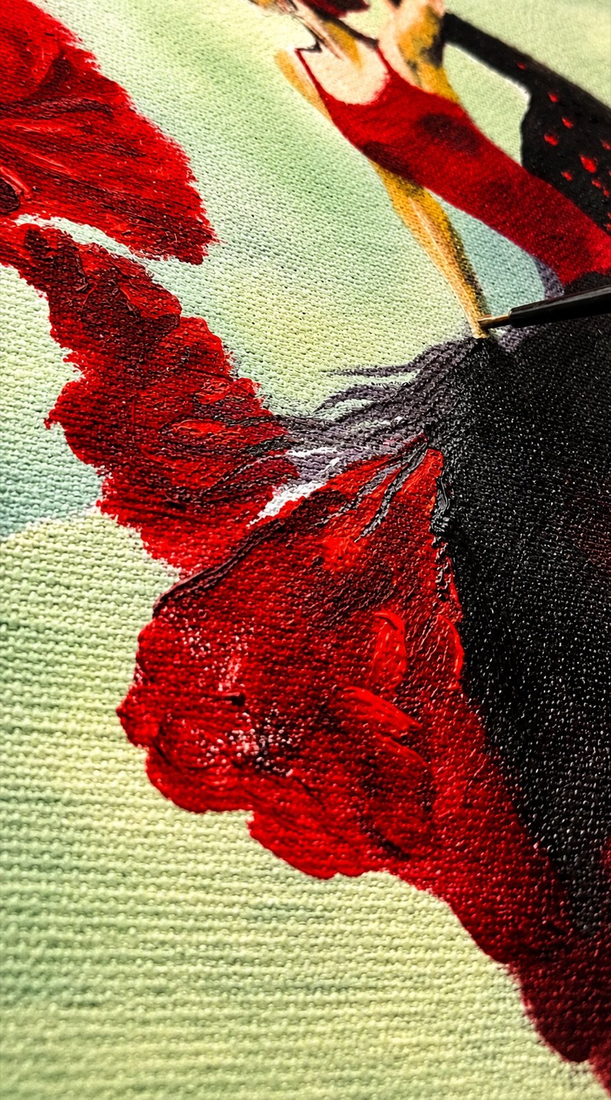 Flamenca clavel. Óleo, A3 · 29,7 × 42 cm. Norelys Correa