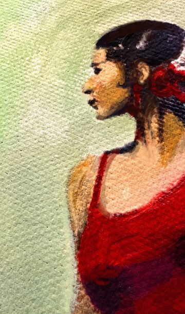 Flamenca clavel. Óleo, A3 · 29,7 × 42 cm. Norelys Correa