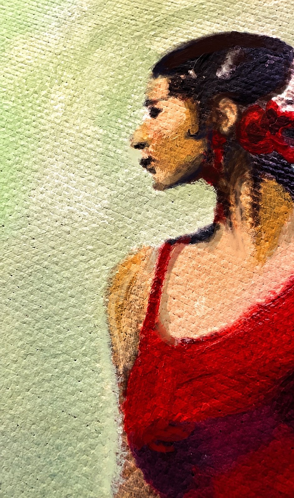 Flamenca clavel. Óleo, A3 · 29,7 × 42 cm. Norelys Correa