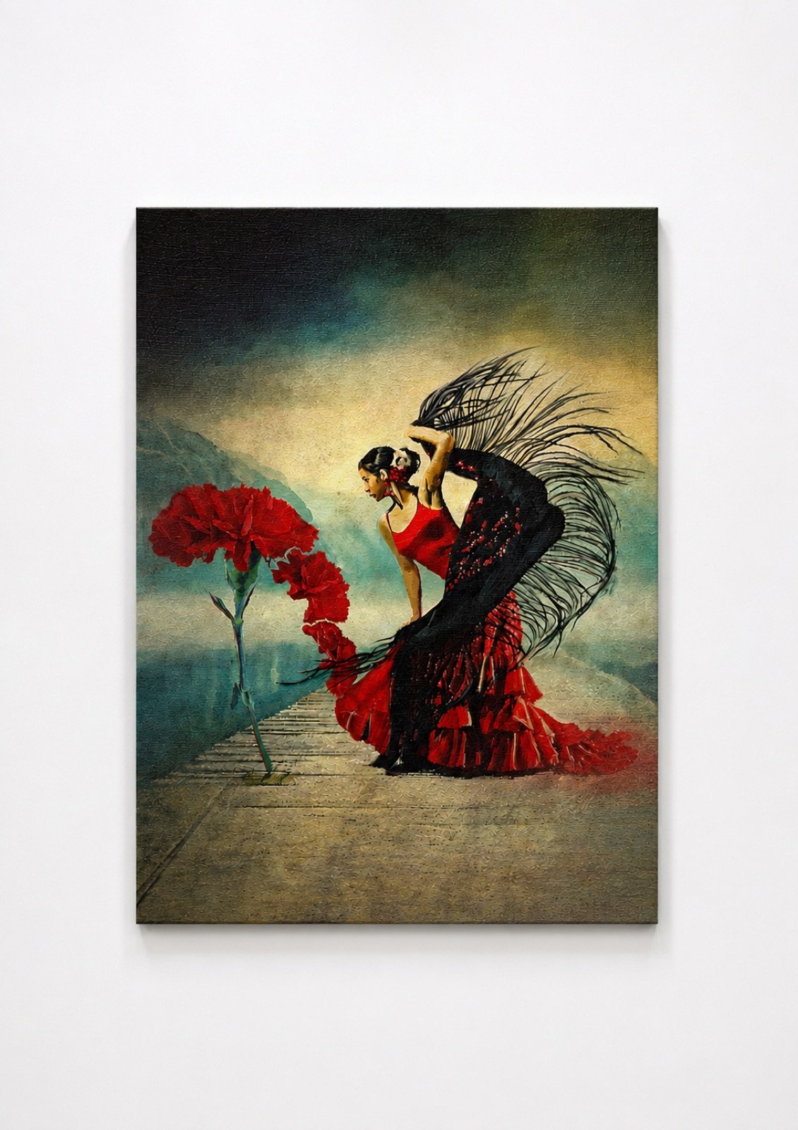 Flamenca clavel. Óleo, A3 · 29,7 × 42 cm. Norelys Correa