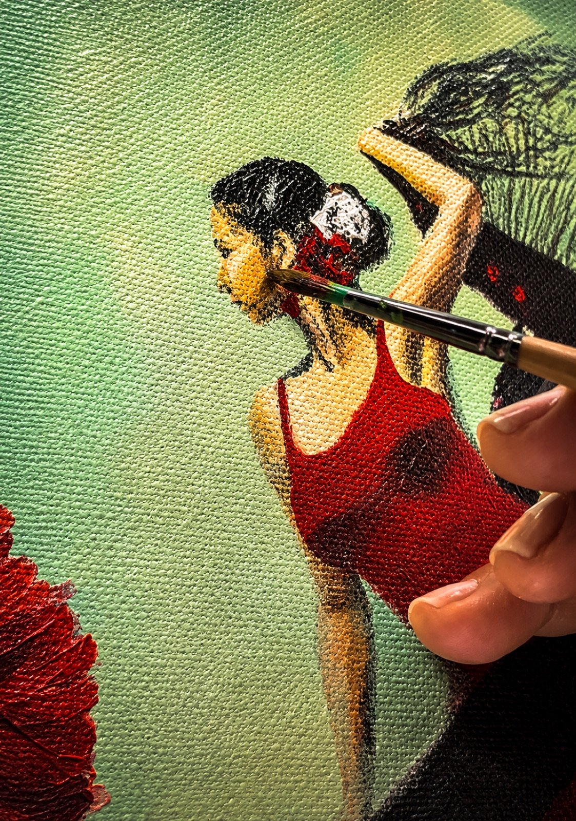 Flamenca clavel. Óleo, A3 · 29,7 × 42 cm. Norelys Correa