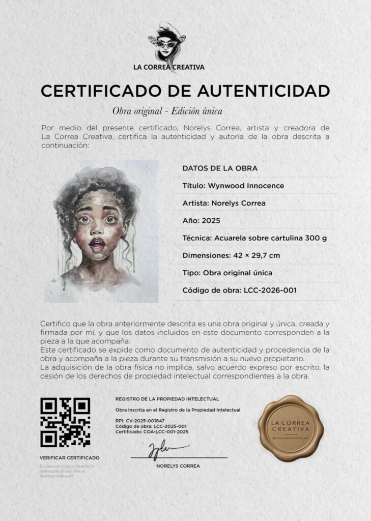 Certificado de autenticidad de La Correa Creativa, firmado y sellado, con los datos de la obra y su código de registro